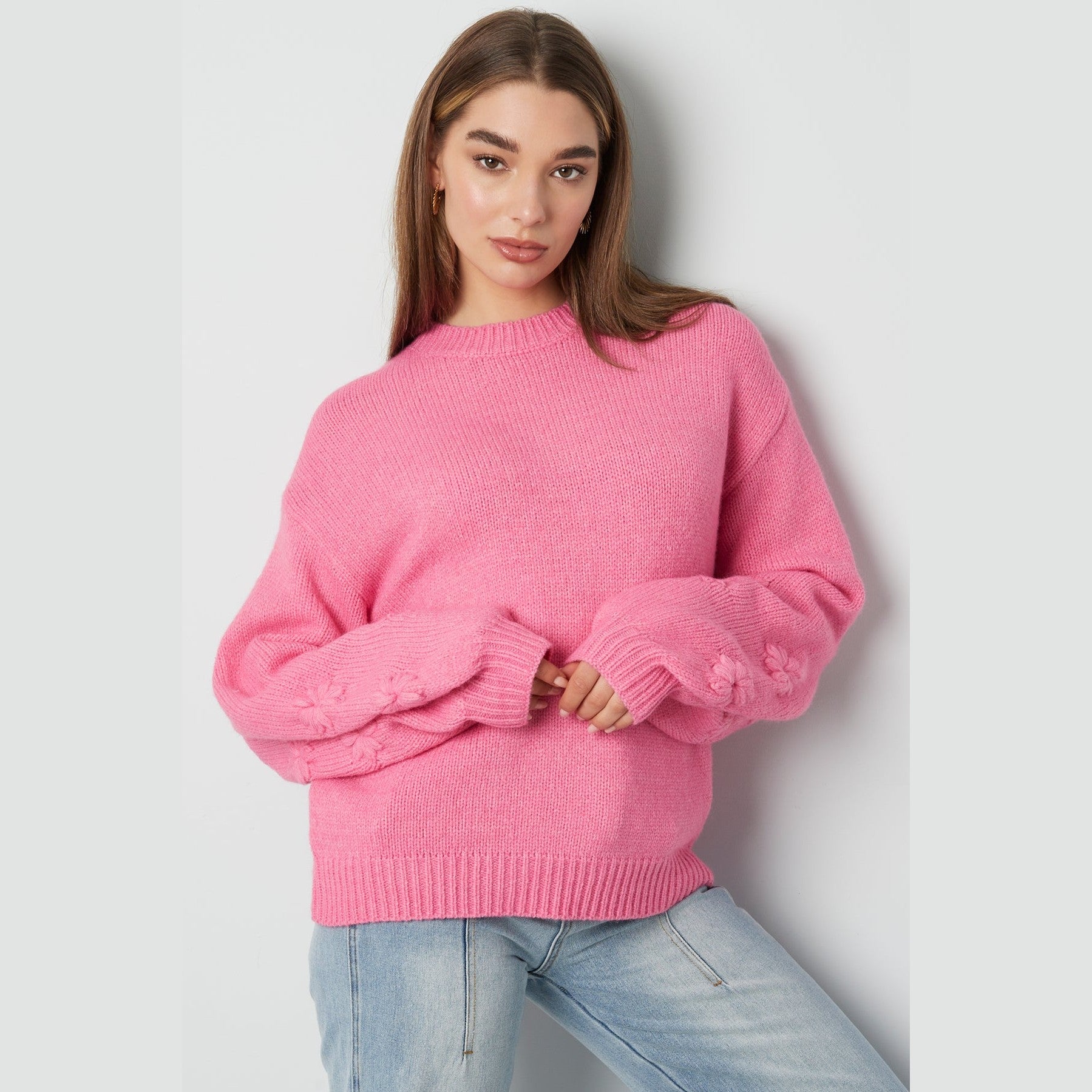 Gebreide Wolmix Vrouwen Oversized Trui Bloemen Appliqué