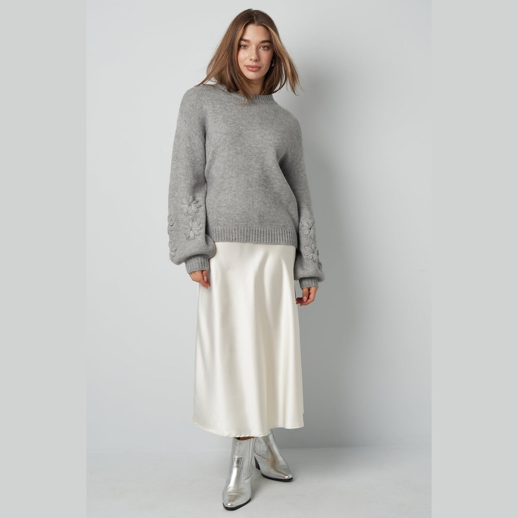 Gebreide Wolmix Vrouwen Oversized Trui Bloemen Appliqué