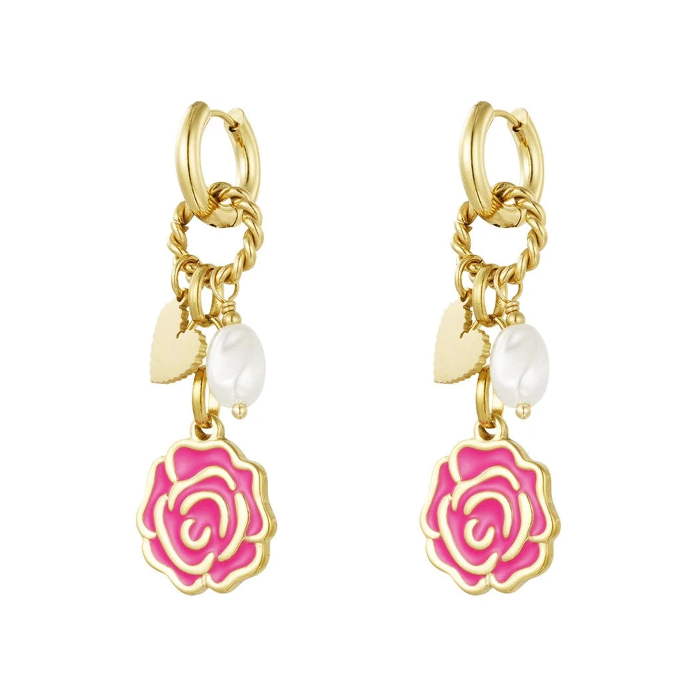 Oorbel Rose goud stainless steel donker roze - luxe oorbellen Mimelle